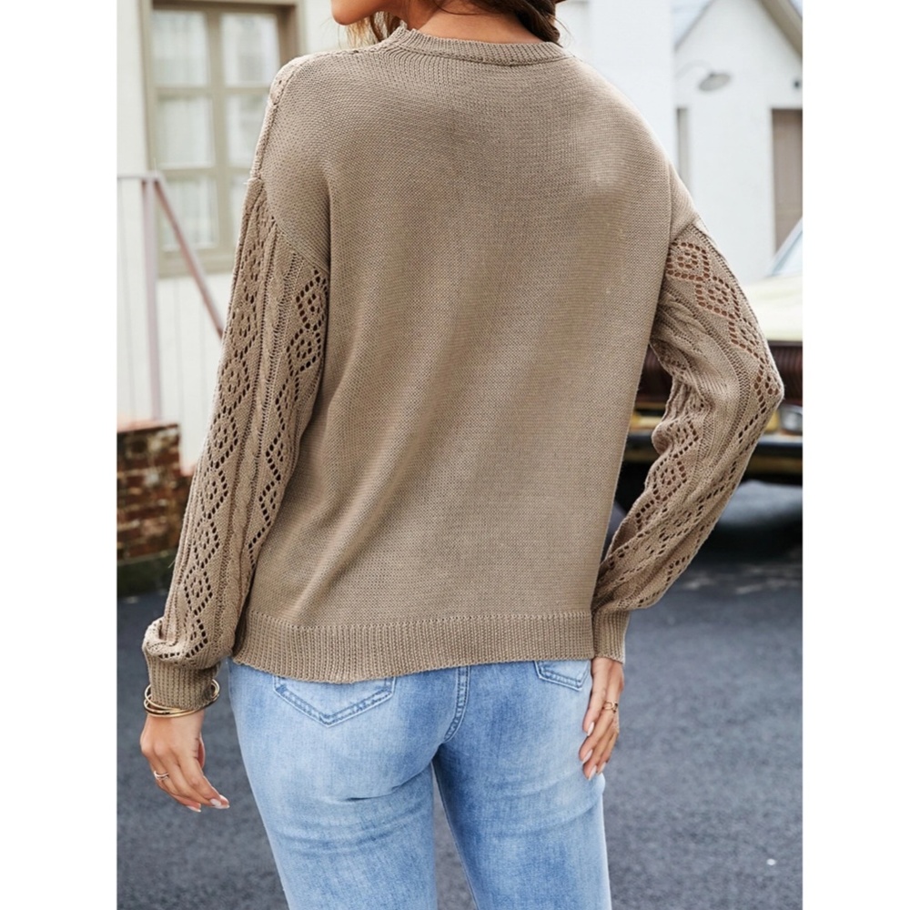 Lace Detail Mocha Knit Long Sleeve Light Sweater Top - Picture 6 of 11